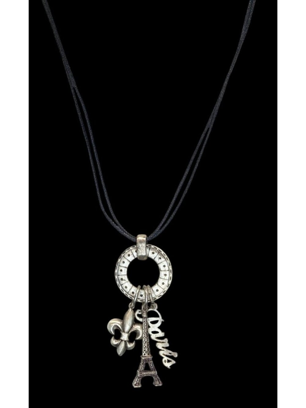 Paris France Charm Necklace Cluster Pendant Black Silver Souvenir Jewelry